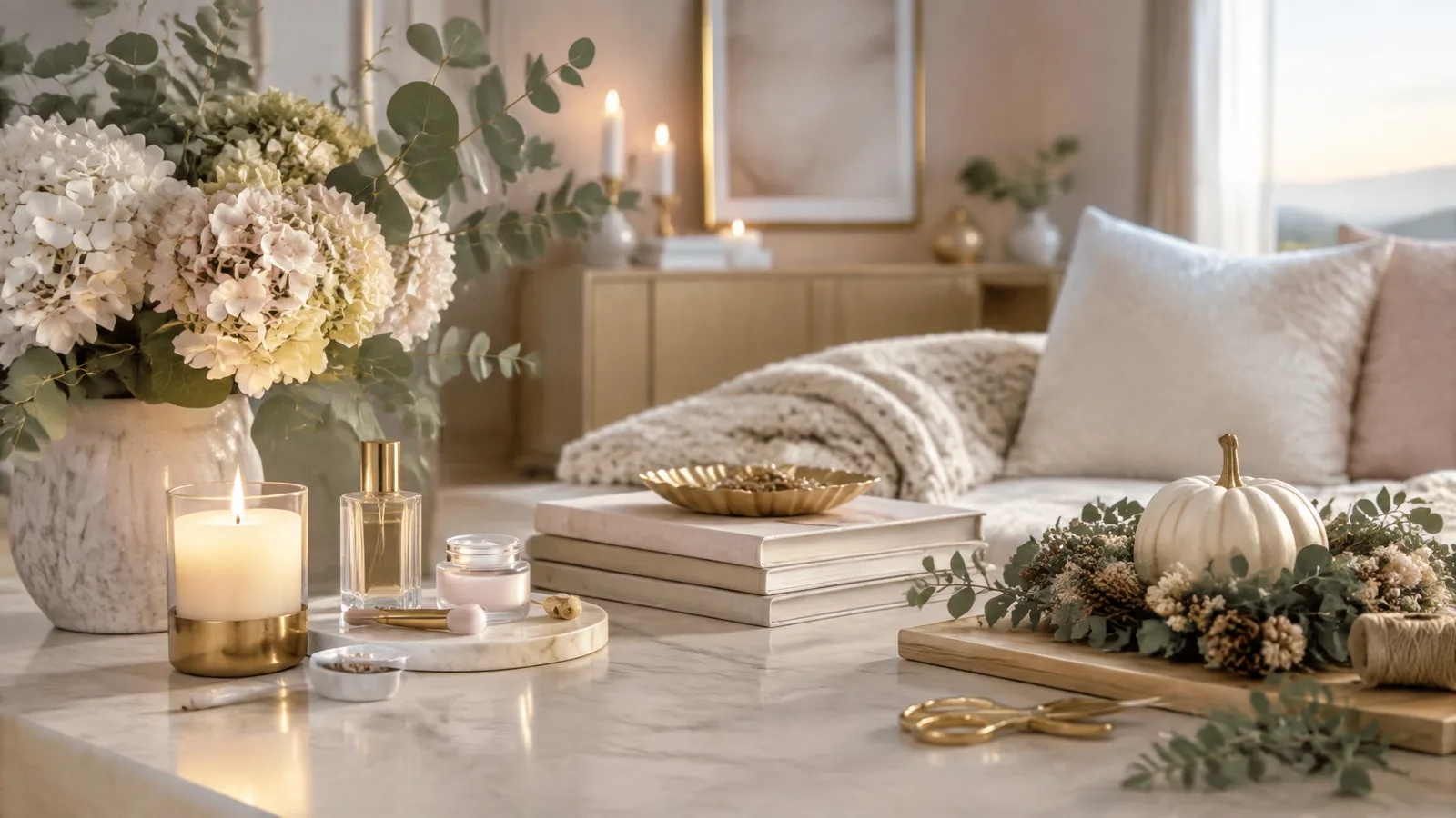 Sunlit neutral interior styling with soft textures and sculptural décor